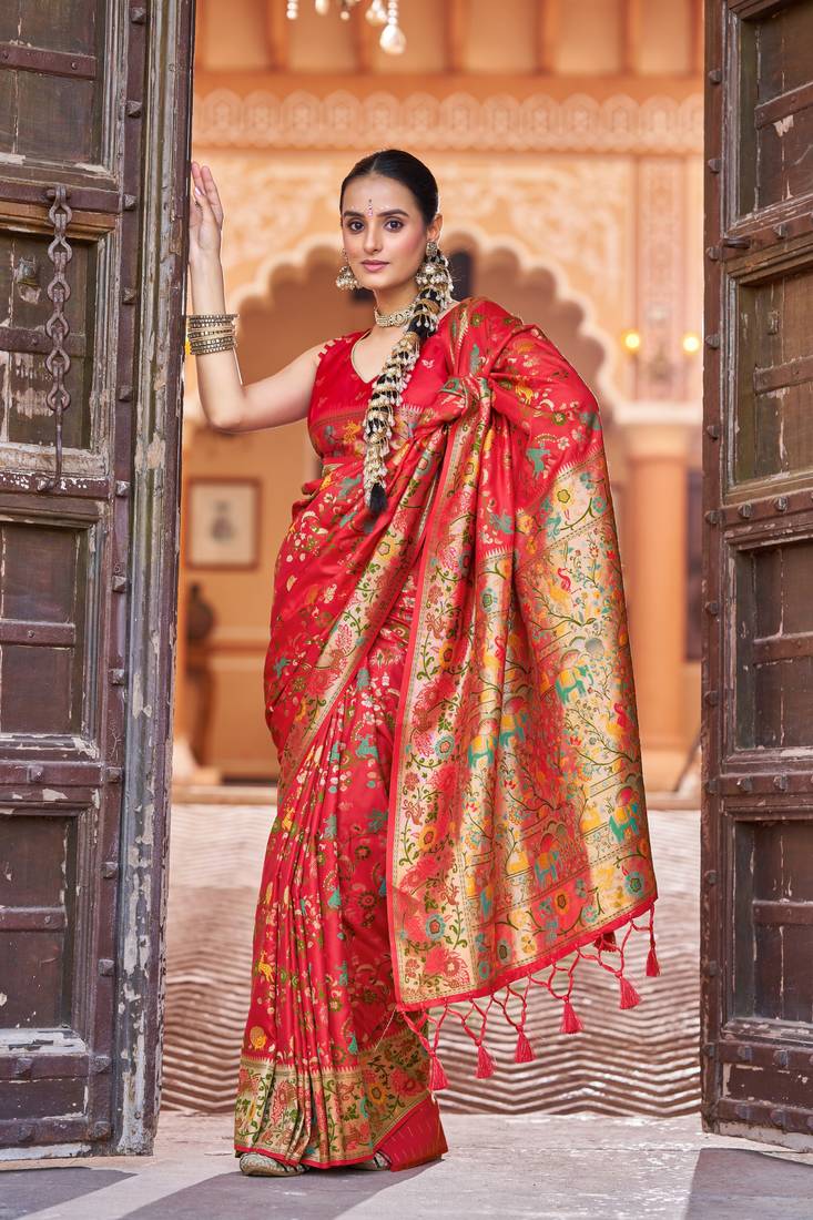 Red Soft Silk blend Banarasi Saree With Blouse