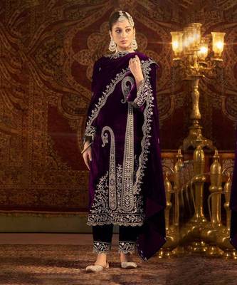 Purple Viscose Velvet Kurta Set 1