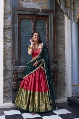 red Narayan Pattu With Zari Weaving Work Lehenga Choli 1