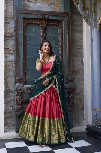 red Narayan Pattu With Zari Weaving Work Lehenga Choli