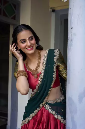 red Narayan Pattu With Zari Weaving Work Lehenga Choli