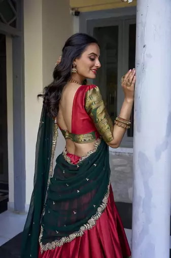 red Narayan Pattu With Zari Weaving Work Lehenga Choli