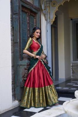 red Narayan Pattu With Zari Weaving Work Lehenga Choli 5