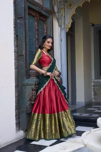 red Narayan Pattu With Zari Weaving Work Lehenga Choli