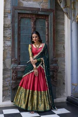 red Narayan Pattu With Zari Weaving Work Lehenga Choli 6