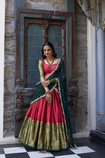 red Narayan Pattu With Zari Weaving Work Lehenga Choli