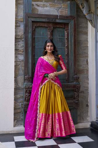 mustard Narayan Pattu With Zari Weaving Work Lehenga Choli