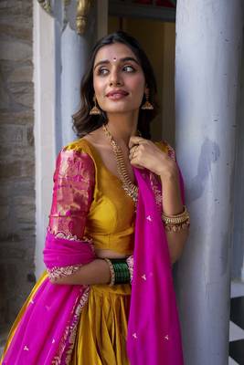 mustard Narayan Pattu With Zari Weaving Work Lehenga Choli 3