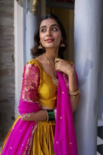 mustard Narayan Pattu With Zari Weaving Work Lehenga Choli
