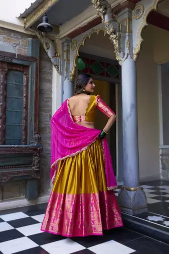 mustard Narayan Pattu With Zari Weaving Work Lehenga Choli