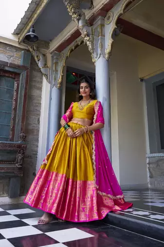 mustard Narayan Pattu With Zari Weaving Work Lehenga Choli