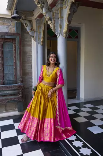 mustard Narayan Pattu With Zari Weaving Work Lehenga Choli
