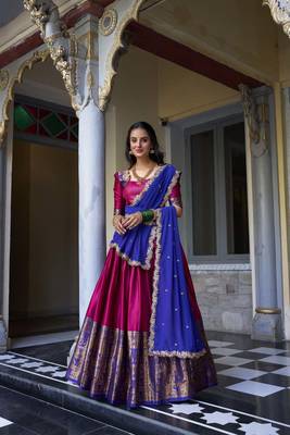 pink Narayan Pattu With Zari Weaving Work Lehenga Choli 1