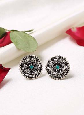 Oxidized Silver Earrings with Green Stone 1