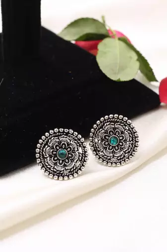 Oxidized Silver Earrings with Green Stone