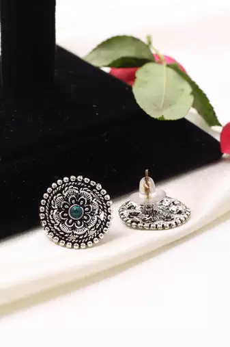 Oxidized Silver Earrings with Green Stone