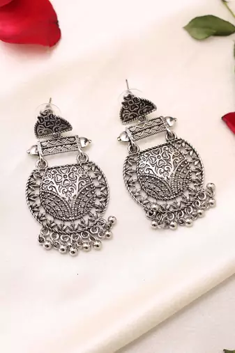 Oxidised Long Earrings With Hanging Beads