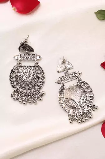 Oxidised Long Earrings With Hanging Beads