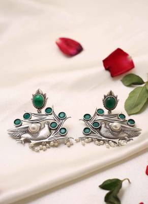 Bird Carved Earrings With Green Stone 6