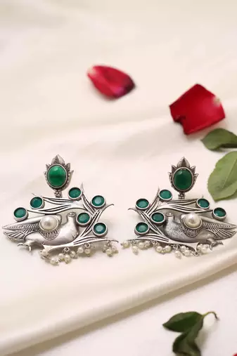 Bird Carved Earrings With Green Stone