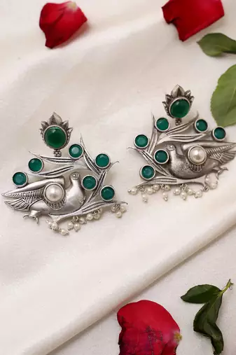 Bird Carved Earrings With Green Stone
