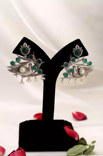 Bird Carved Earrings With Green Stone