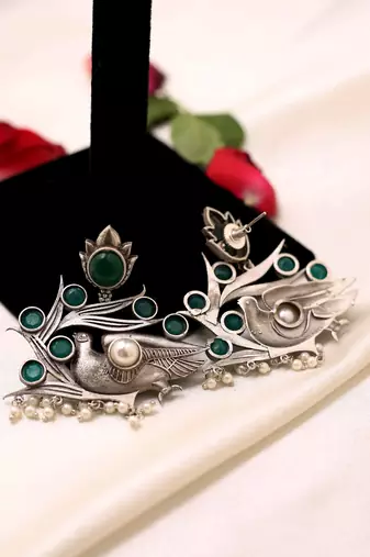 Bird Carved Earrings With Green Stone