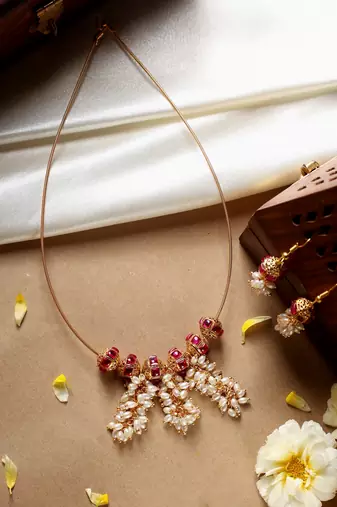 Invisible Necklace Set with Ball Accents and Pearl Danglers