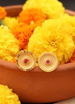 Gold Studs with Circular Design and Pink Stone 1