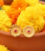 Gold Studs with Circular Design and Pink Stone