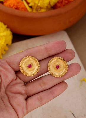 Gold Studs with Circular Design and Pink Stone 6