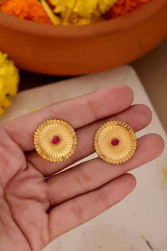 Gold Studs with Circular Design and Pink Stone