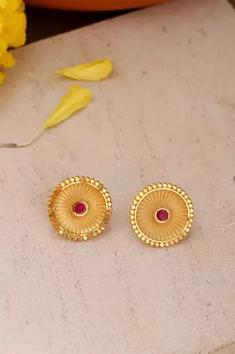Gold Studs with Circular Design and Pink Stone