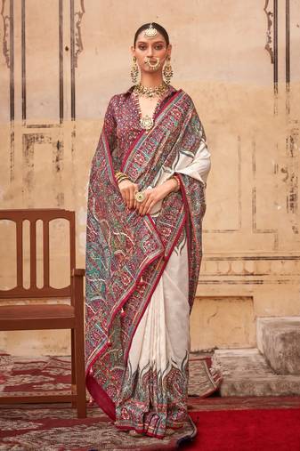White poly viscose art silk pashmina saree