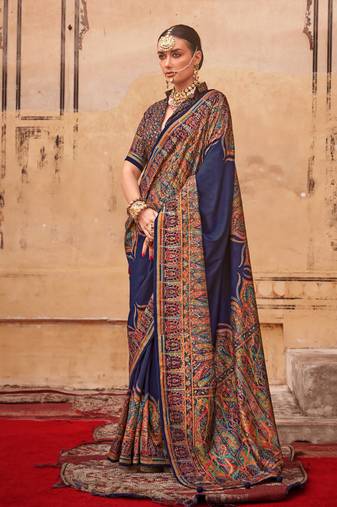 Navy blue poly viscose art silk pashmina saree