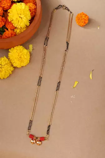 Golden And Black Beads Mangalsutra Long With Double Vati Tali