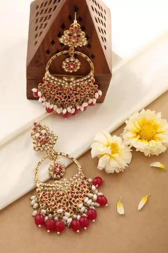 Pink polki chandbali earrings
