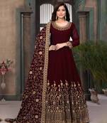 Maroon Faux Georgette Embroidered Wedding Wear Designer Anarkali Semi-Suit