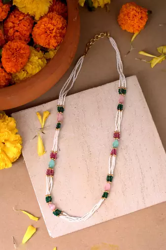 Multi-Colour Beads and Pearl Necklace with Gold Accents