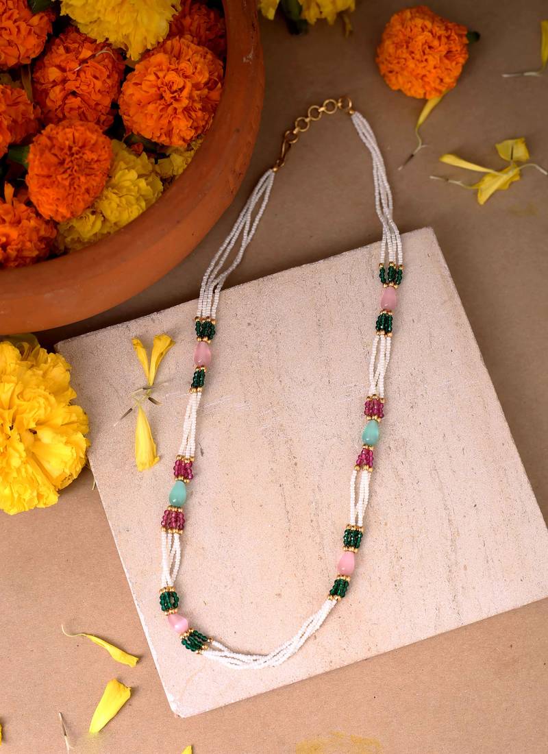 Multi-Colour Beads and Pearl Necklace with Gold Accents