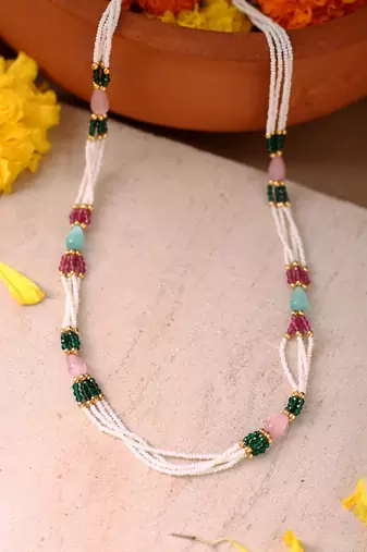 Multi-Colour Beads and Pearl Necklace with Gold Accents