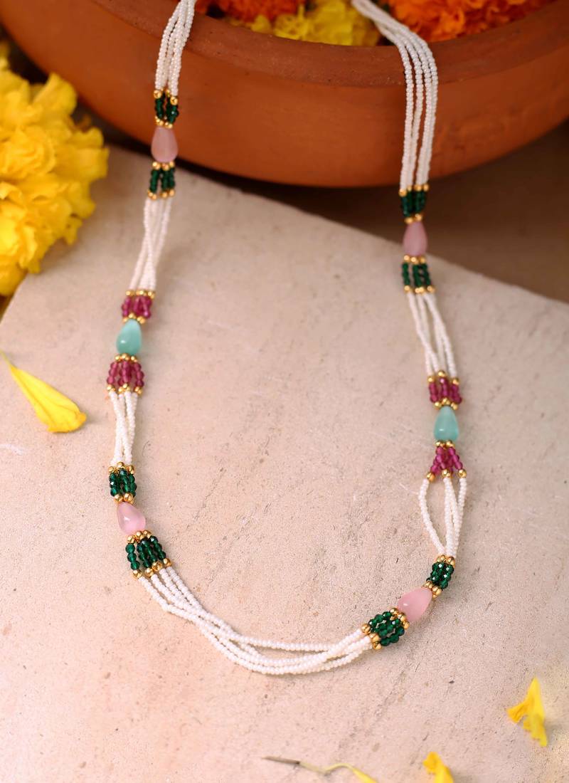 Multi-Colour Beads and Pearl Necklace with Gold Accents