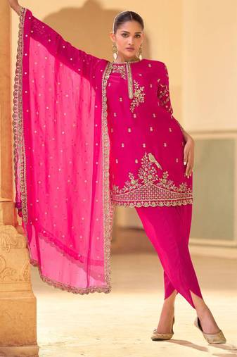 Pink embroidery sequins work crepe silk straight dhoti suit- free size stitched(size upto 42")