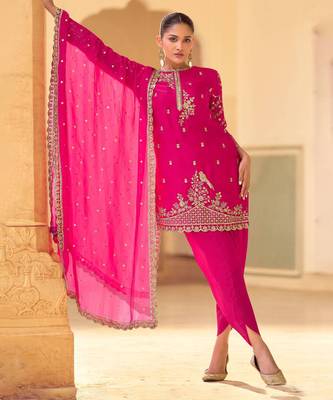 Pink embroidery sequins work crepe silk straight dhoti suit- free size stitched(size upto 42") 1
