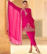 Pink embroidery sequins work crepe silk straight dhoti suit- free size stitched(size upto 42")