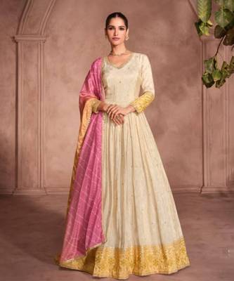 Off white & yellow viscos shimmer embroidered anarkali suit (free size) 1