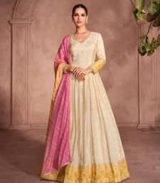 Off white & yellow viscos shimmer embroidered anarkali suit (free size)