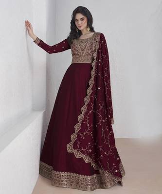 Maroon vichitra silk sequence anarkali suit 1