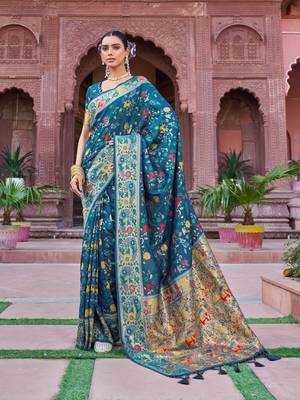Teal Soft Silk blend Banarasi Saree With Blouse 1