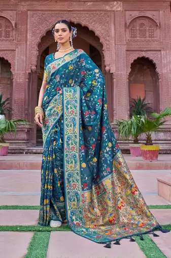 Teal Soft Silk blend Banarasi Saree With Blouse